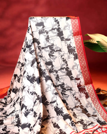 Elegant Semi Chanderi Saree with Traditional Animal Motif Print and Contrasting Zari Woven Border - Black
