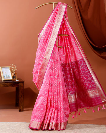 Elegant Ikat Woven Semi Silk Saree with Traditional Zari Border & Pallu - Pink