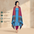 Blue Salwar Suit Material With Dark Pink Bottom Fabric And Colorful Ikat Dupatta - Front View
