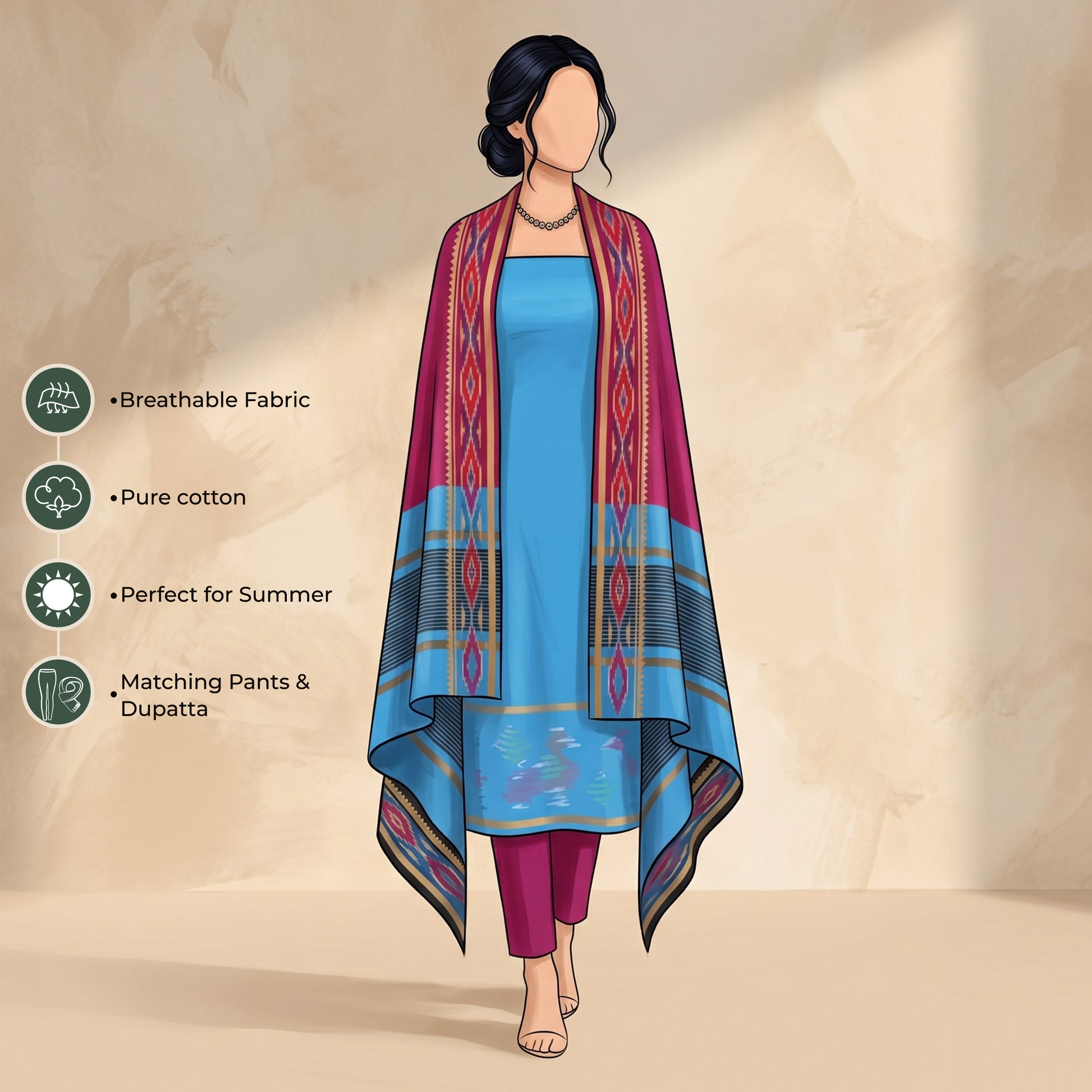 Blue Salwar Suit Material With Dark Pink Bottom Fabric And Colorful Ikat Dupatta - Front View

