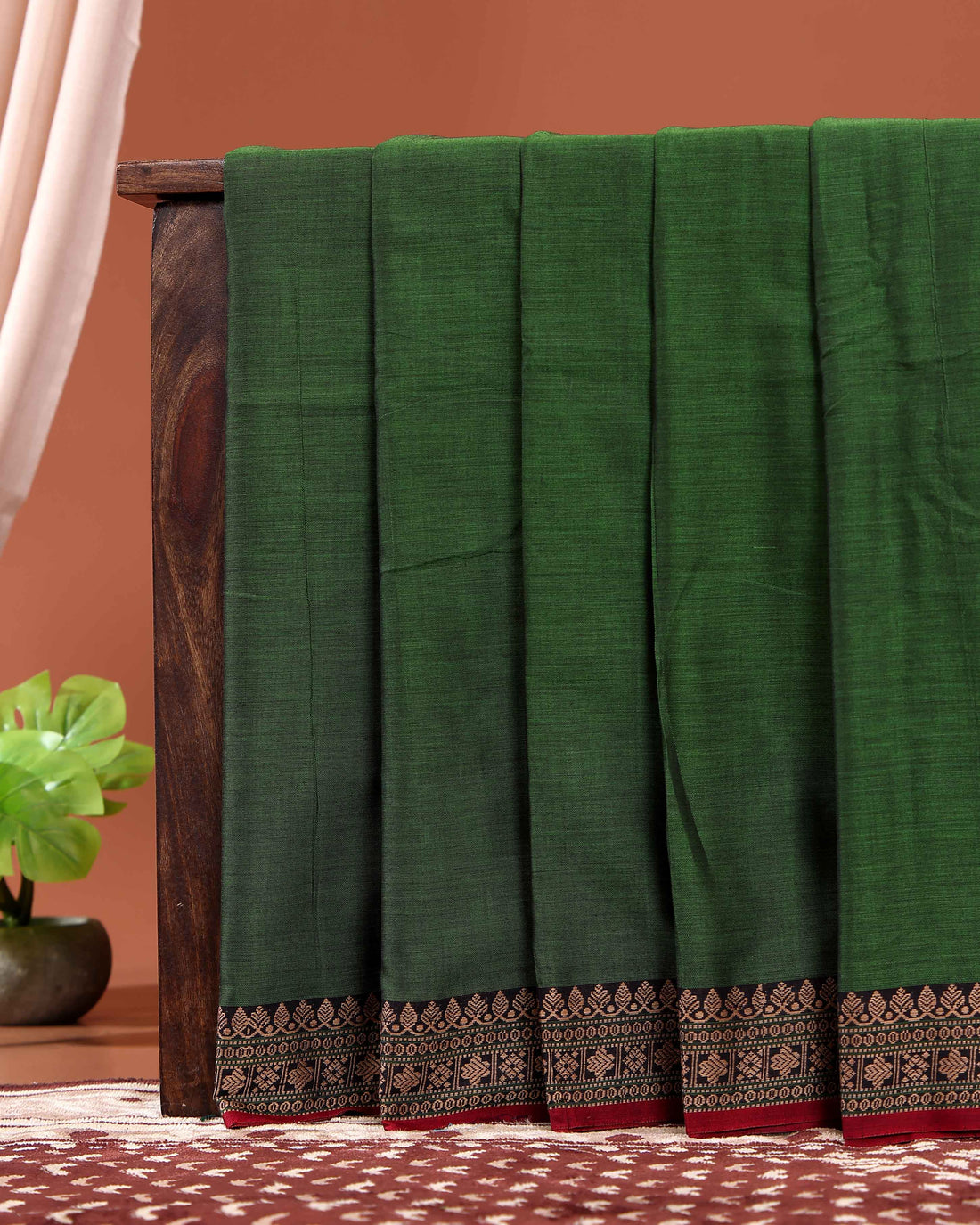 Elegant Narayanpet Cotton Saree with Traditional Zari Border & Temple Motif Detailing  - Green