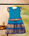Classic Kids Pattu Pavadai Readymade a Traditional Ethnic Gown with Zari Border and Puff Sleeves, Blue