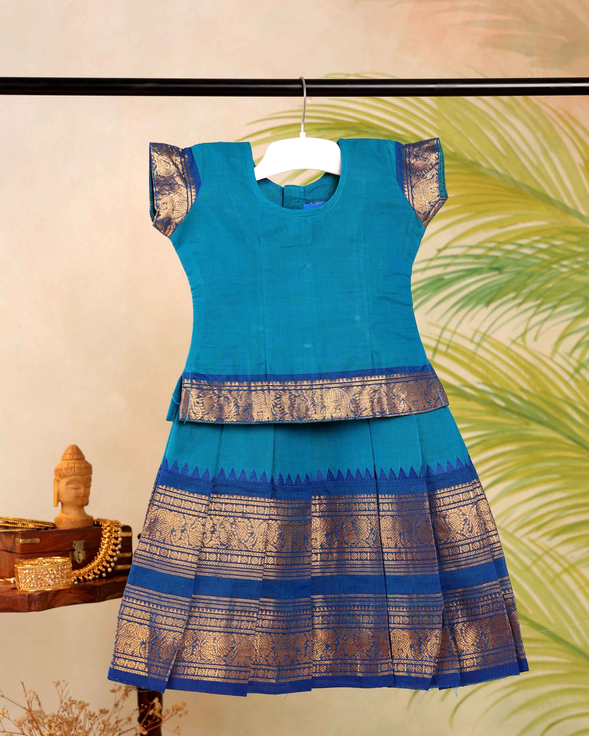 Classic Kids Pattu Pavadai Readymade a Traditional Ethnic Gown with Zari Border and Puff Sleeves, Blue