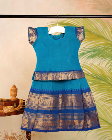 Classic Kids Pattu Pavadai Readymade a Traditional Ethnic Gown with Zari Border and Puff Sleeves, Blue