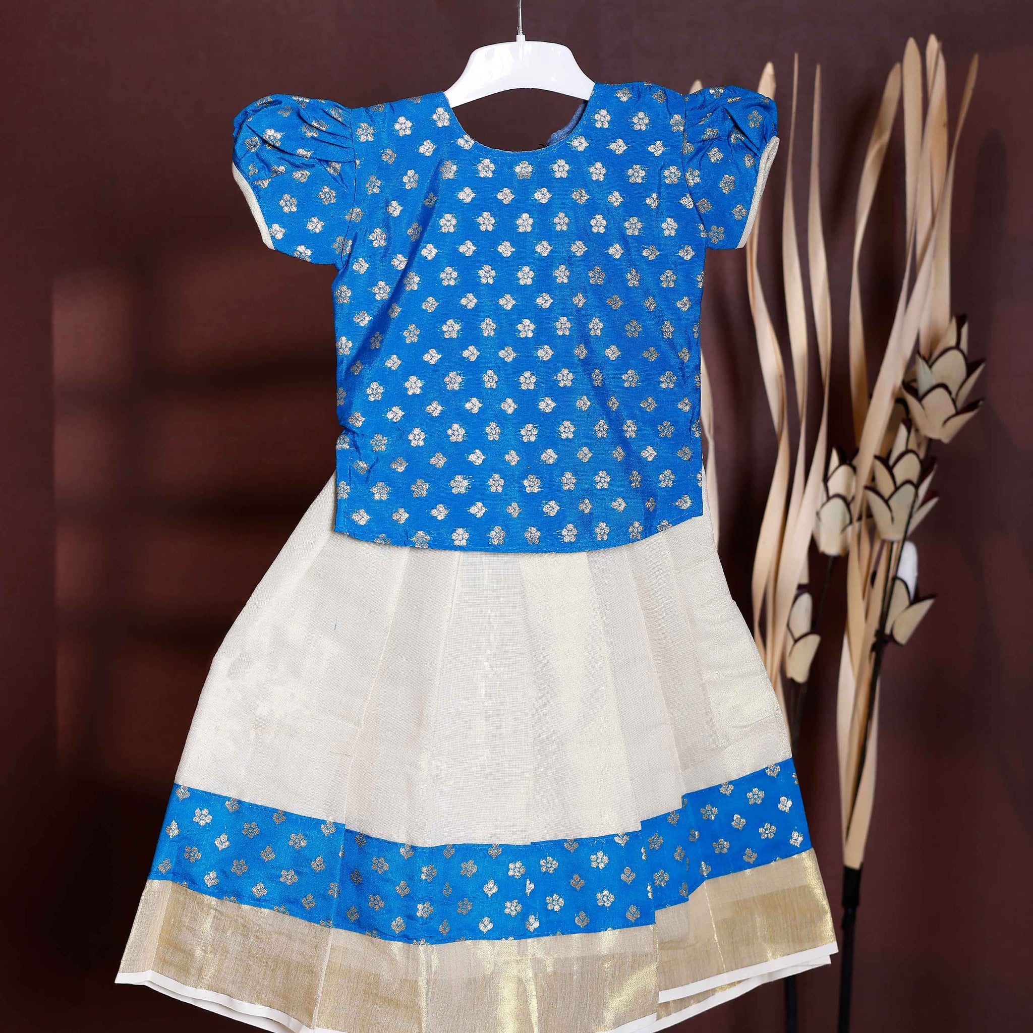 Kids Readymade Pattu Pavadai Set with Traditional Motifs - Blue