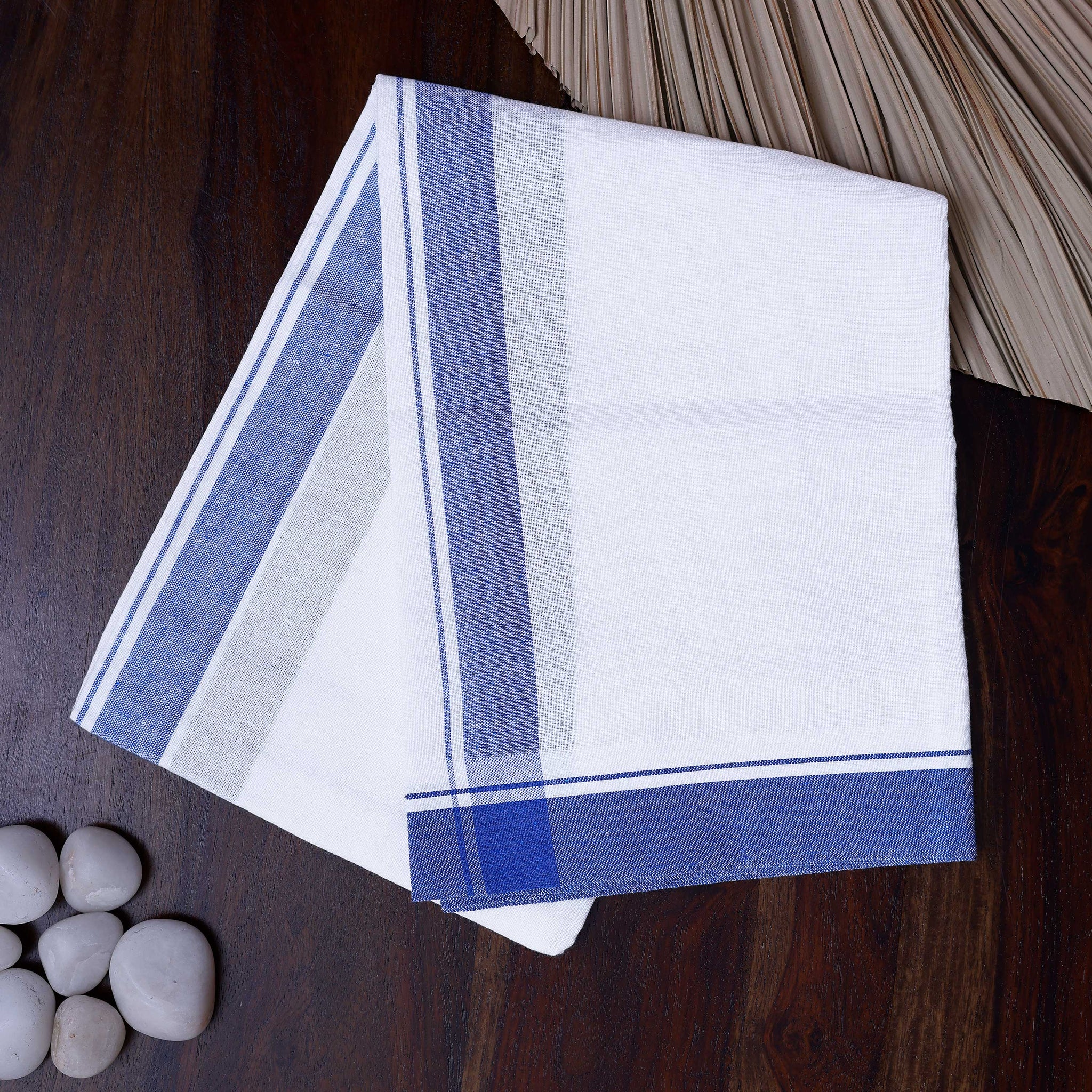Men's Handloom Cotton Dhoti with Striped Pattern and Blue Border - White