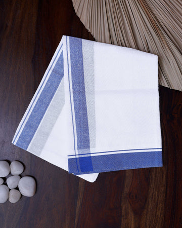 Men's Handloom Cotton Dhoti with Striped Pattern and Blue Border - White