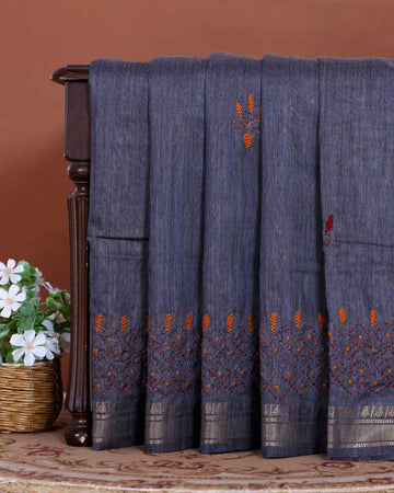 Elegant Kantha Hand Embroidered Saree with Intricate Floral Motif and Contrast Border - Grey