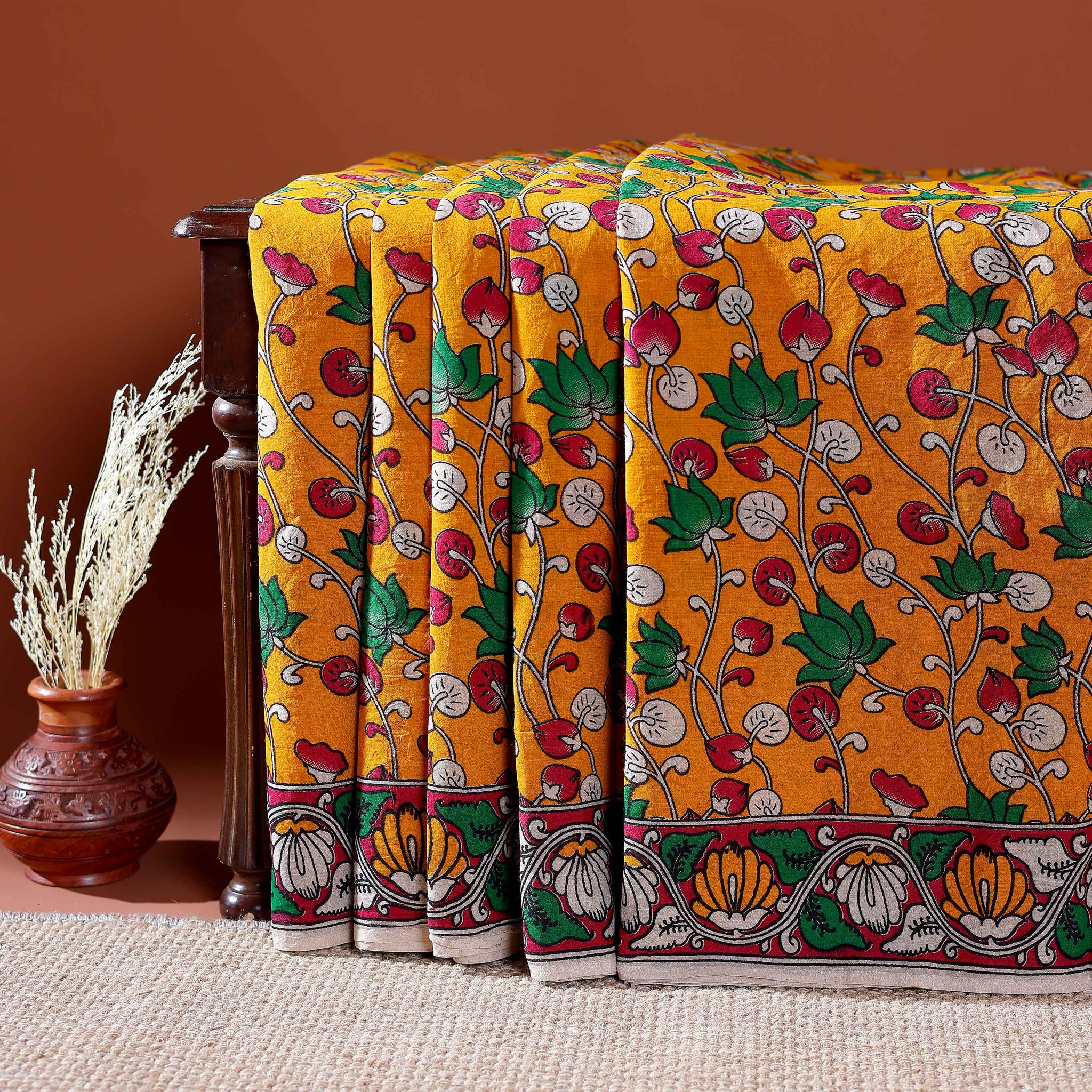 Traditional Handloom Kalamkari Cotton Saree with Intricate Floral and Avian Motifs - Yellow