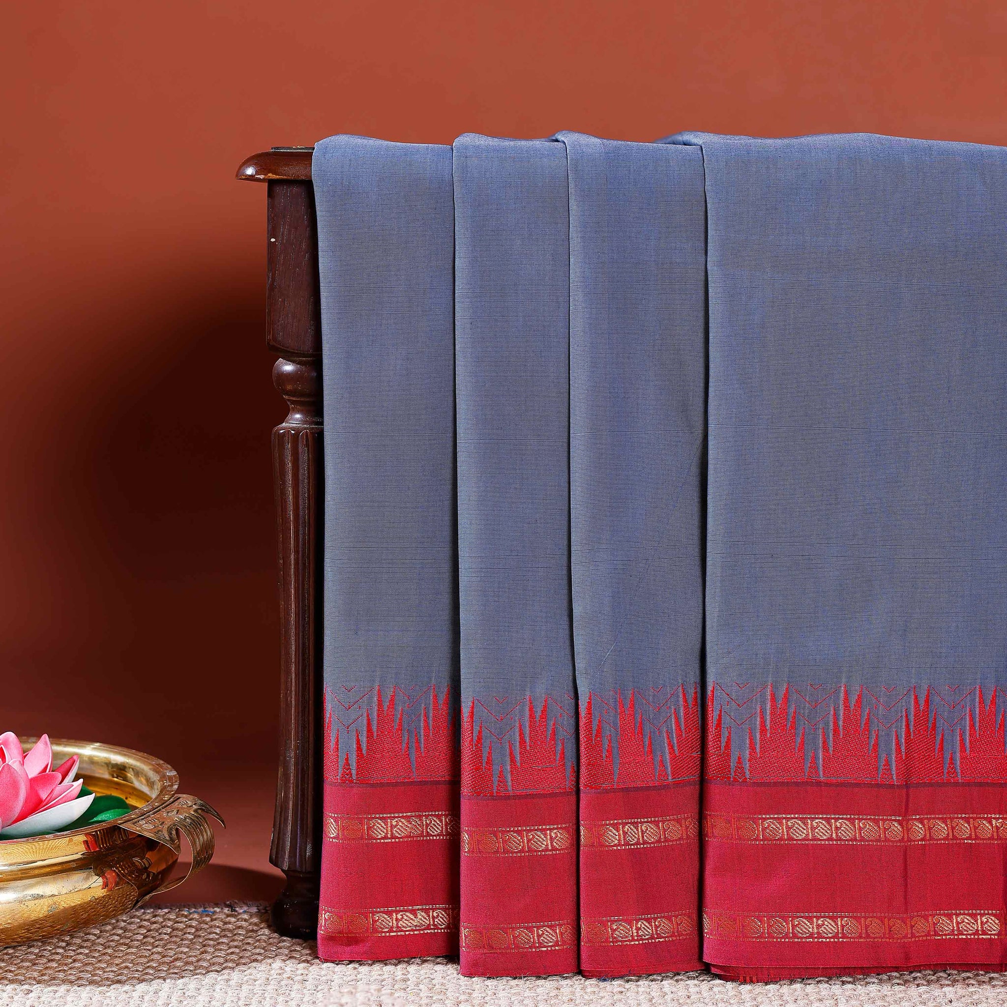 Chettinad Handloom Cotton Saree with Traditional Temple Border and Striped Body - Grey