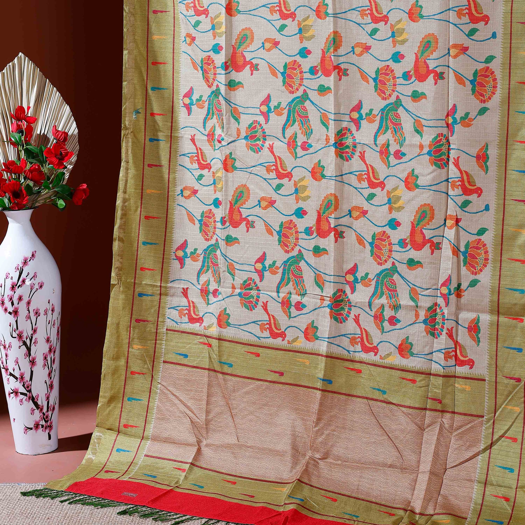 Traditional Kota Cotton Saree with Intricate Floral and Paisley Weaving and Contrast Woven Border - Sandal