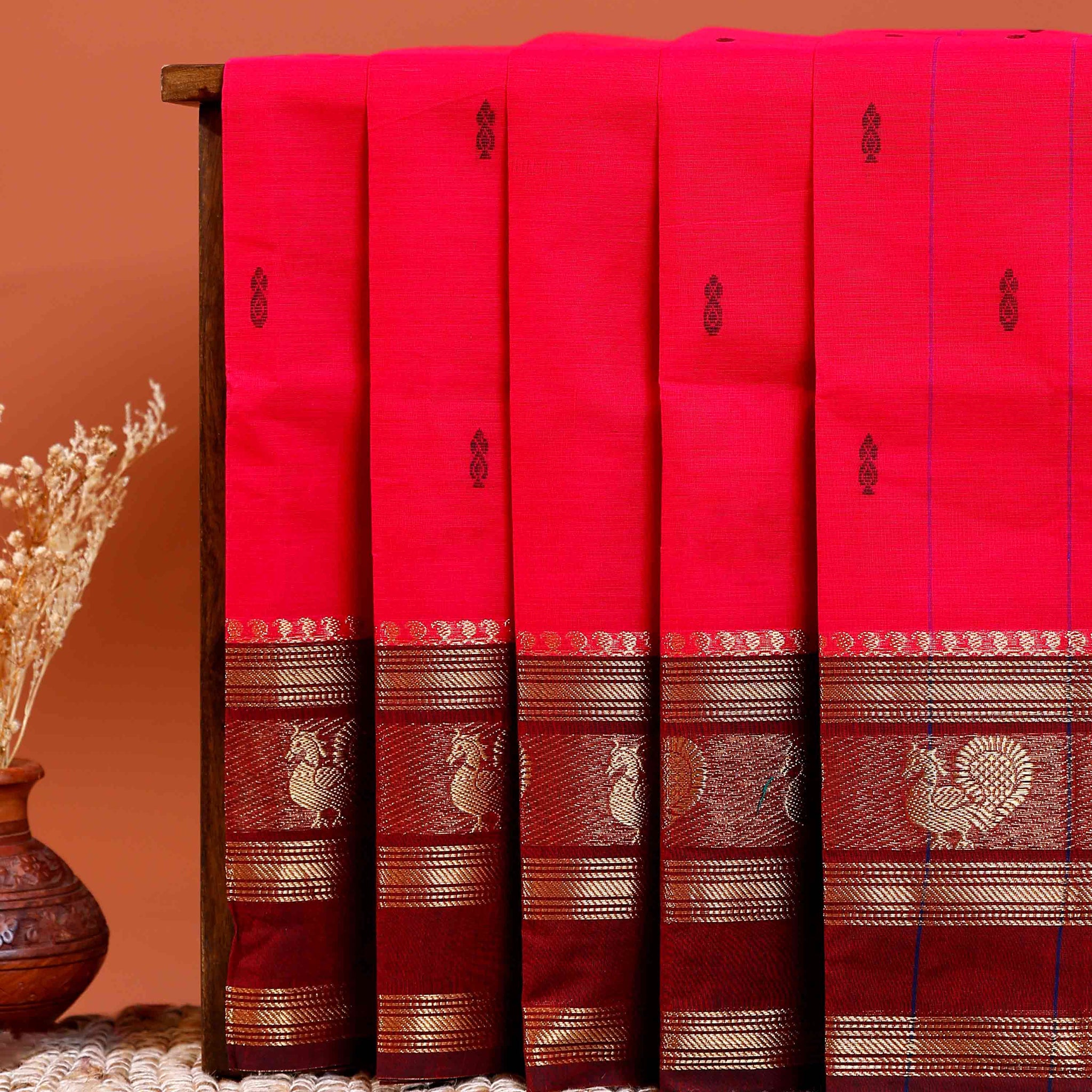 Handloom Chettinad Cotton Saree with Butta Weaves, Zari Peacock Motif Border and Contrast Pallu - Pink