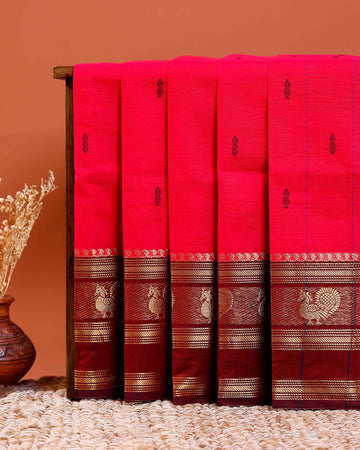 Handloom Chettinad Cotton Saree with Butta Weaves, Zari Peacock Motif Border and Contrast Pallu - Pink