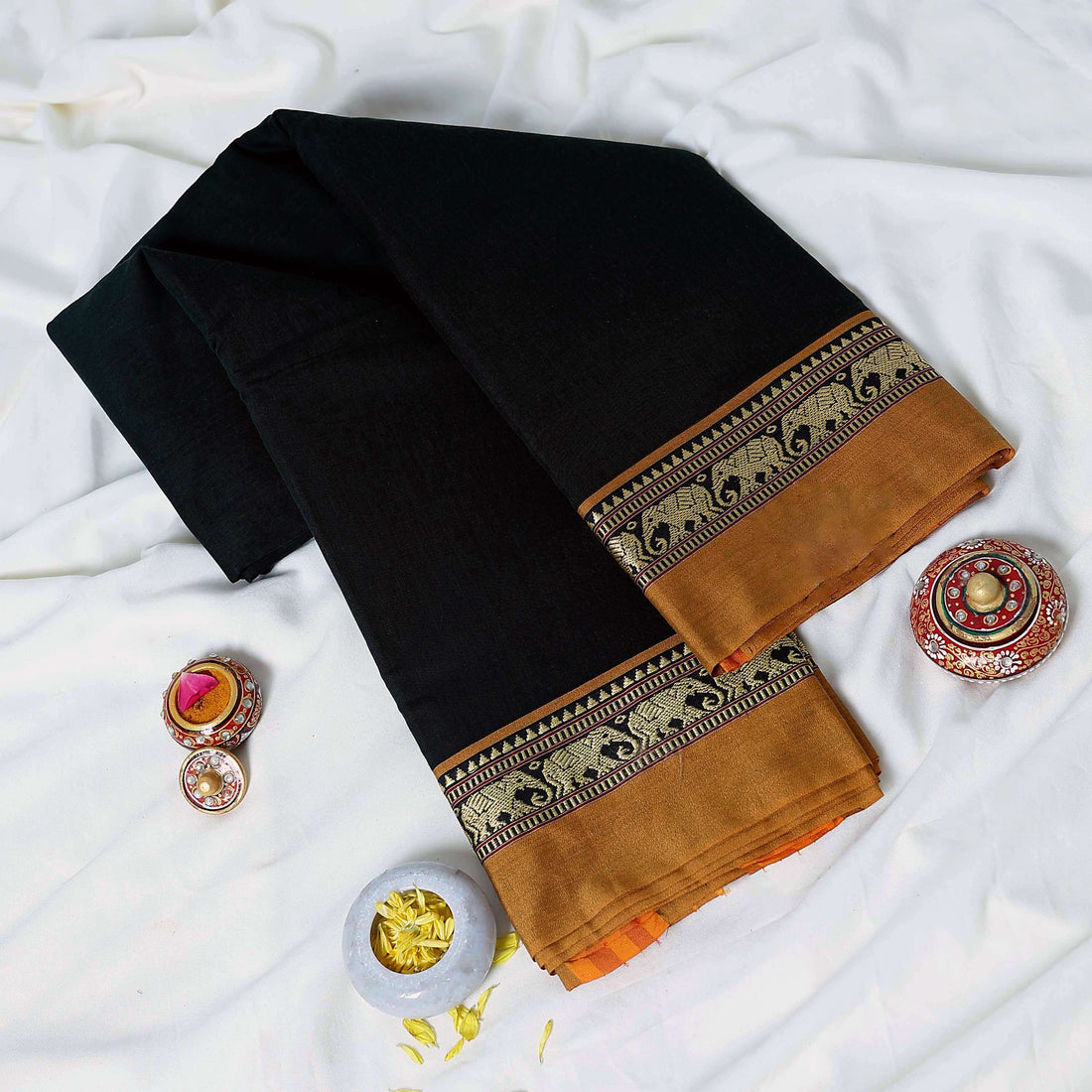 Dark Green Mangalagiri Cotton Saree with Yellow Border and Pallu - Full View