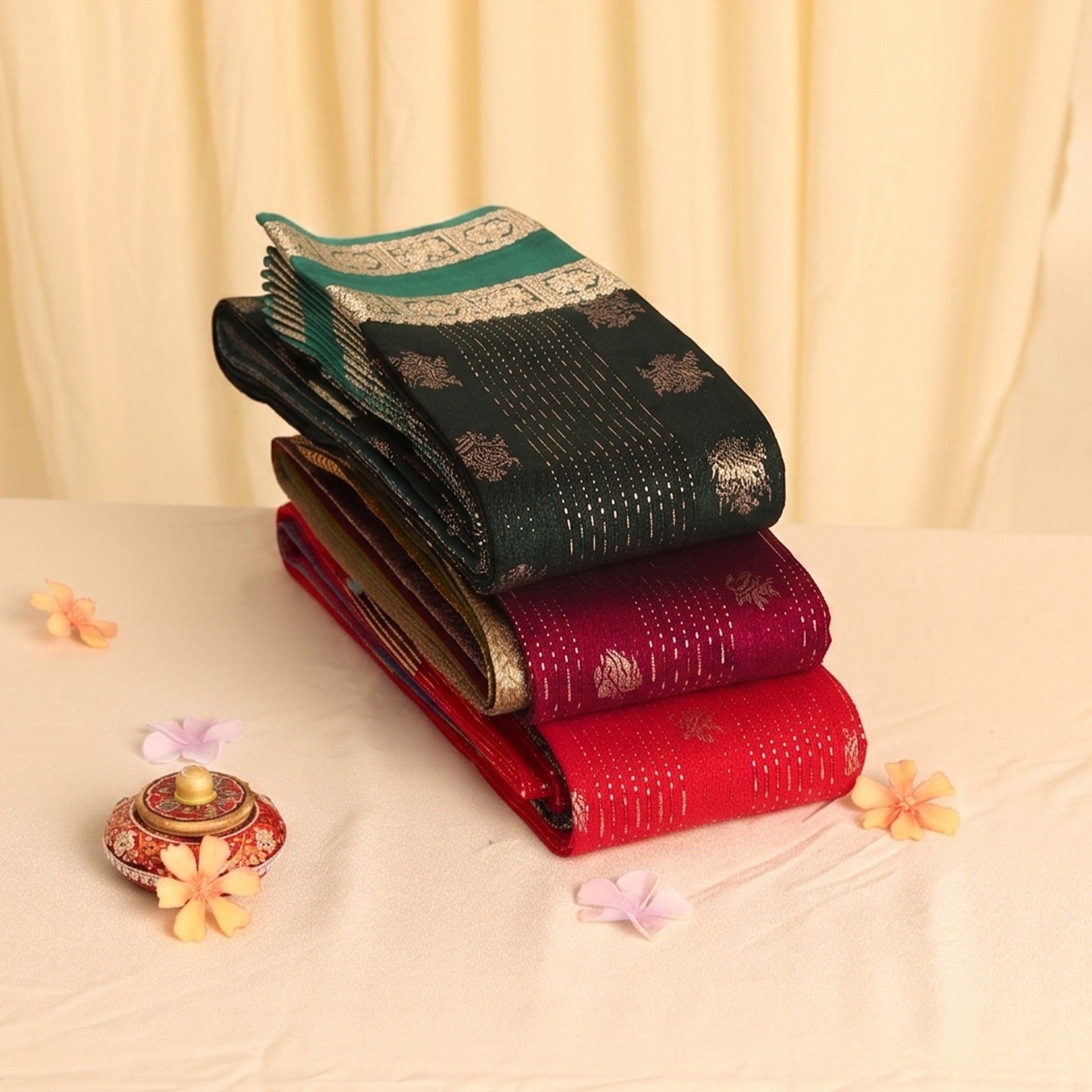 Elampillai silk cotton saree stack with zari buttas and vertical stripes in assorted colors folded display view
