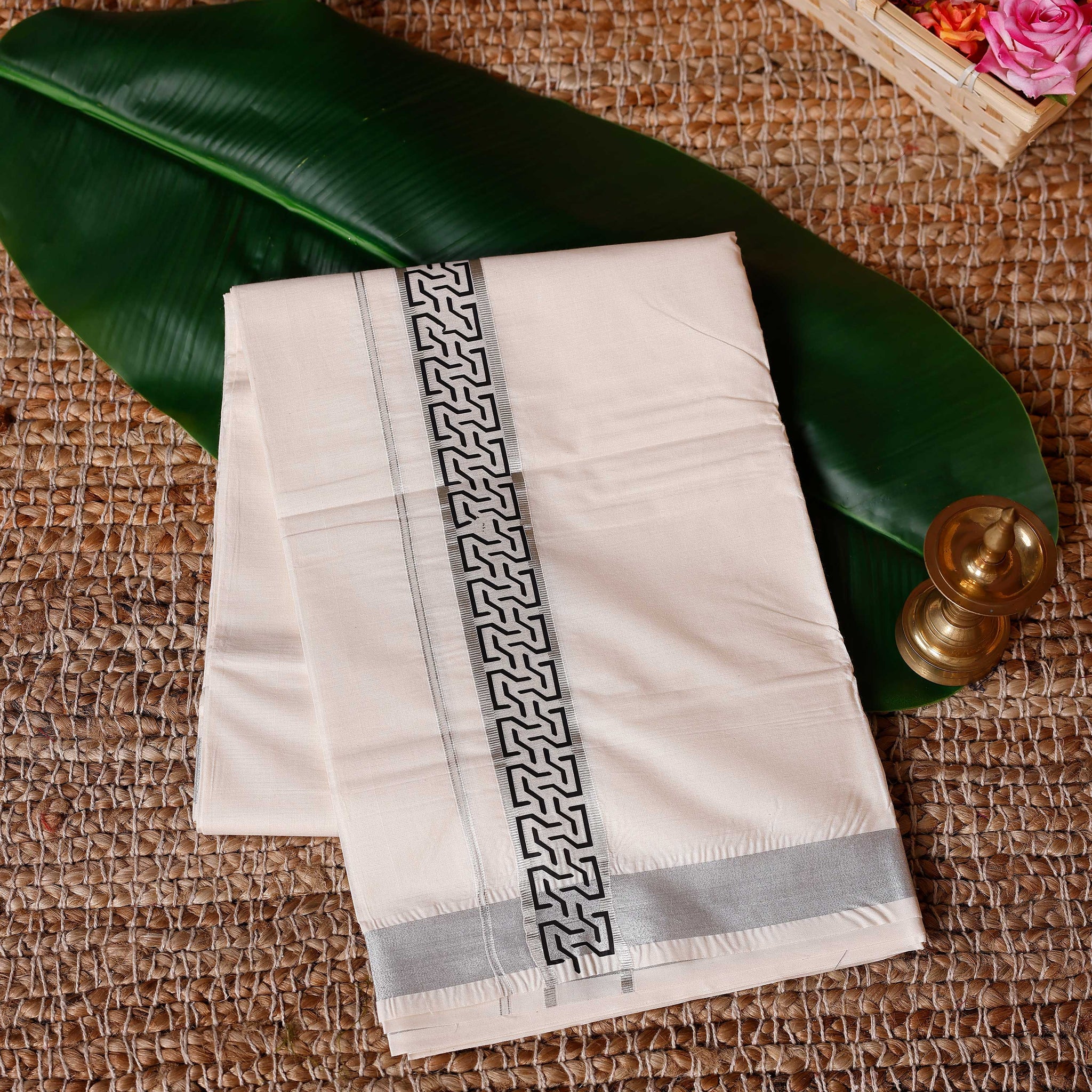 Traditional Handwoven Cotton Dhoti with Silver Color Border and Elegant Finish - Off White