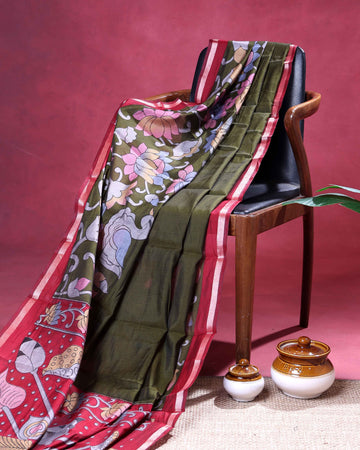 Elegant Semi Chanderi Saree with  Floral Motifs and A Plain Gold Woven Border - Olive