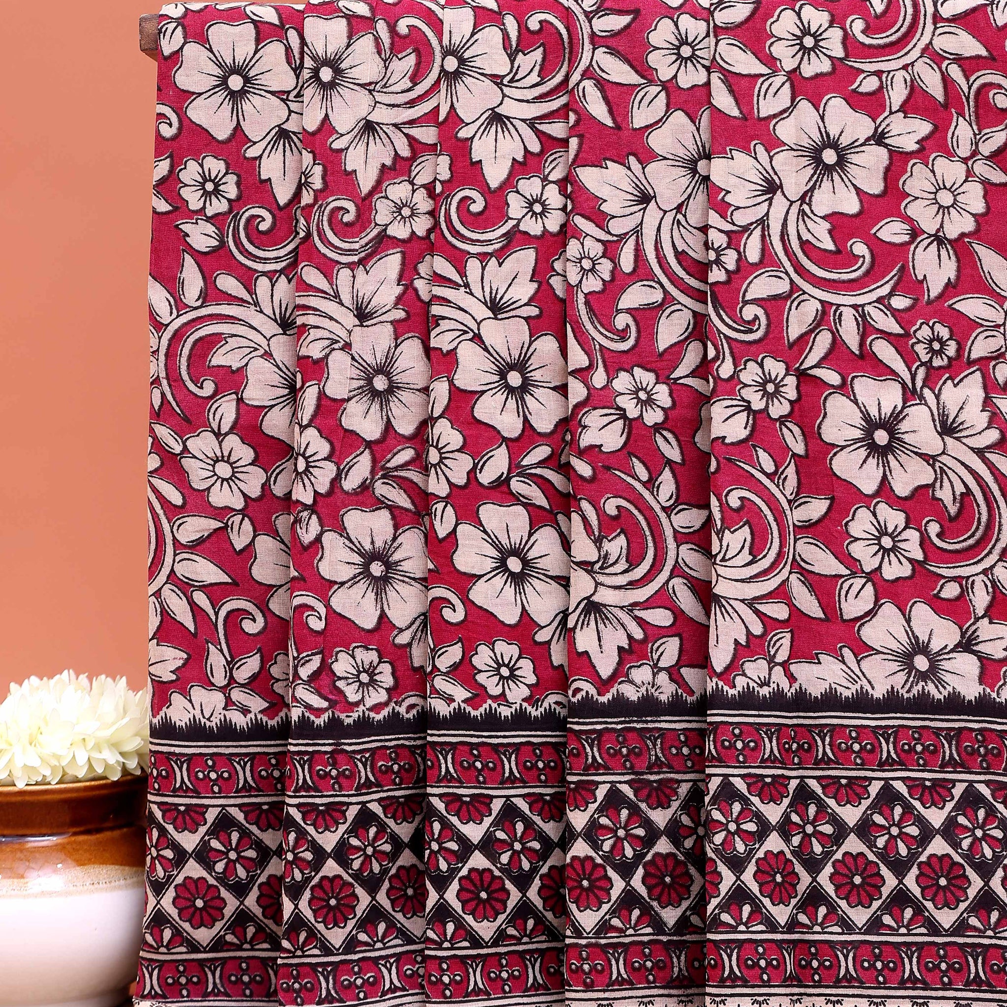 Traditional Kalamkari Cotton Saree with Full Floral Pattern and Decorative Border - Red