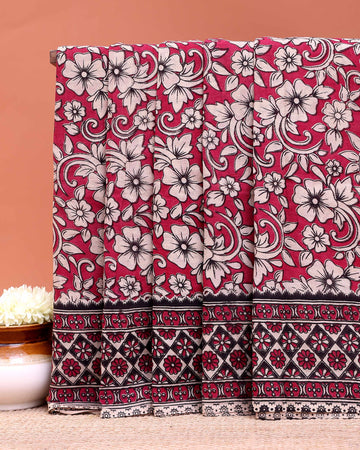 Traditional Kalamkari Cotton Saree with Full Floral Pattern and Decorative Border - Red