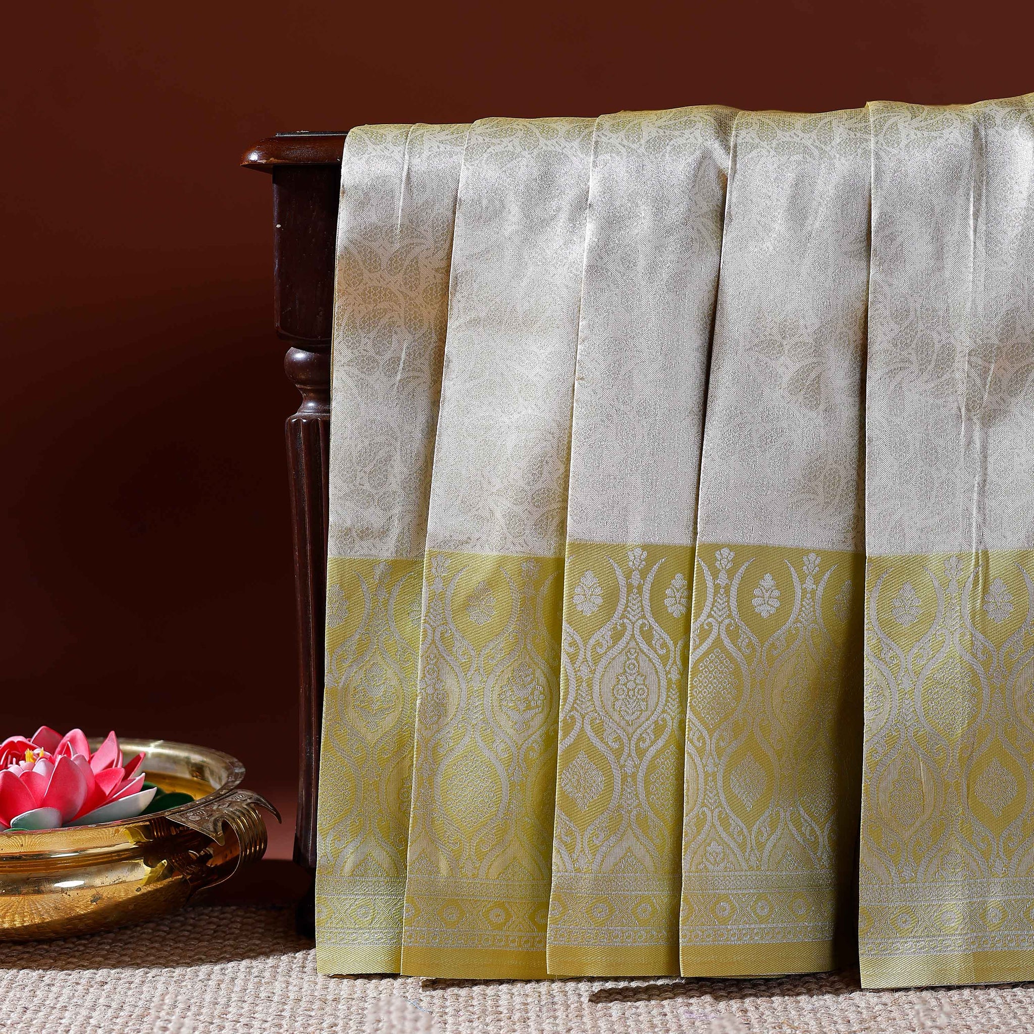 Elegant Litchi Silk Handwoven with Intricate Zari Motifs and Rich Contrast Border - Grey