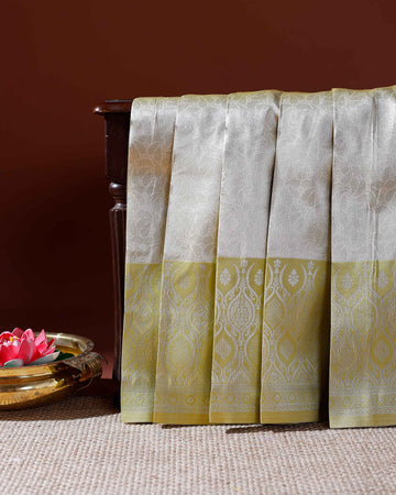 Elegant Litchi Silk Handwoven with Intricate Zari Motifs and Rich Contrast Border - Grey