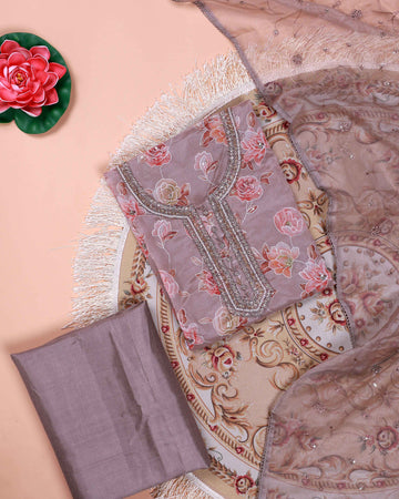 Women's Floral Embroidered Salwar Suit Material with Beaded Neckline and Net Dupatta - Light Brown