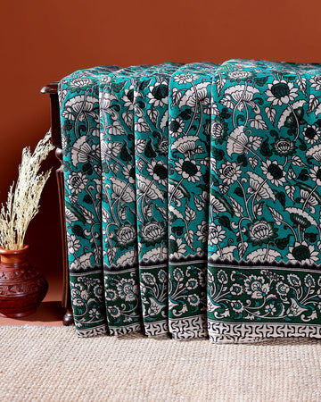 Traditional Handloom Kalamkari Cotton Saree with Intricate Floral and Avian Motifs - Teal