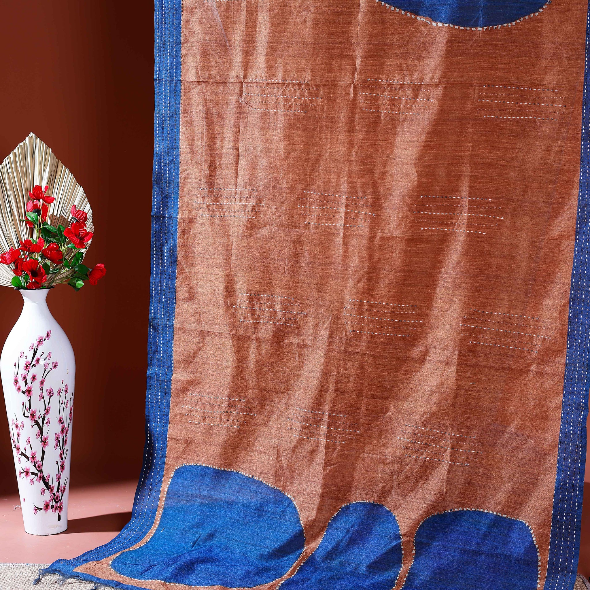Handcrafted Kantha Cotton Saree with Contrast Patch Design and Intricate Stitch Embroidery - Sandal