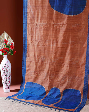 Handcrafted Kantha Cotton Saree with Contrast Patch Design and Intricate Stitch Embroidery - Sandal