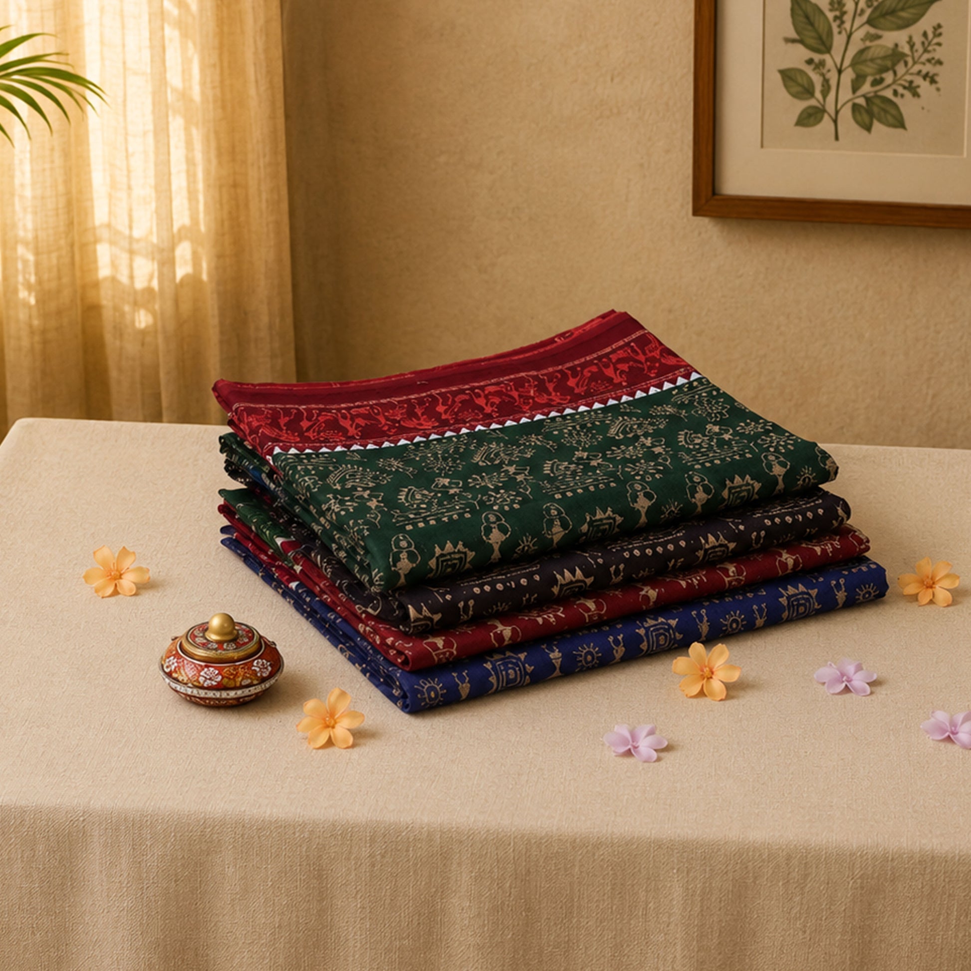 Voile cotton saree collection with tribal inspired prints in assorted colors folded stack display on table view