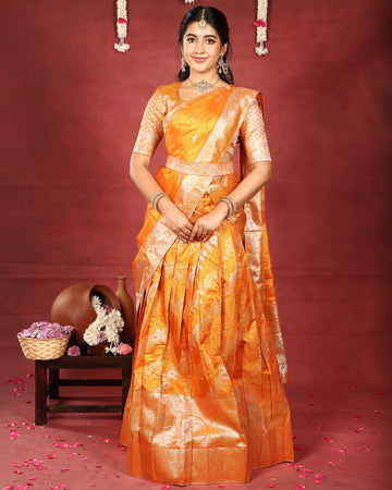 Women’s Semi Stitched Dhavani Set with Intricate Floral Zari Woven Patterns Designer Blouse - Orange
