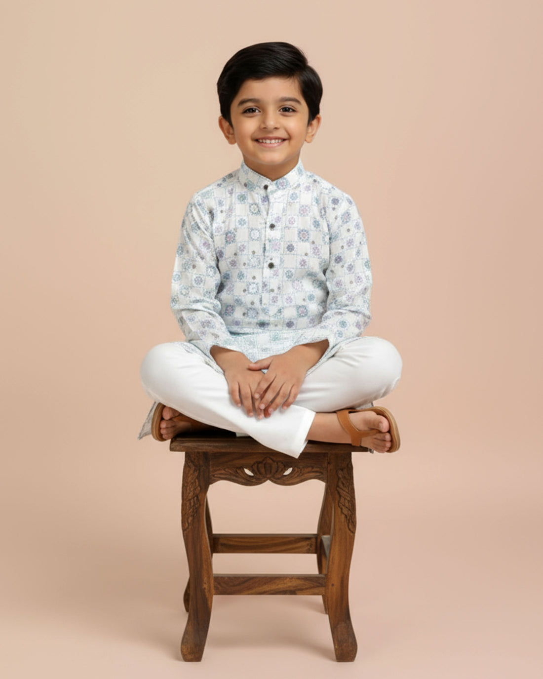 Boys White Kurta Set with Green & Lavender Circular Floral Print  with Geometric Touch