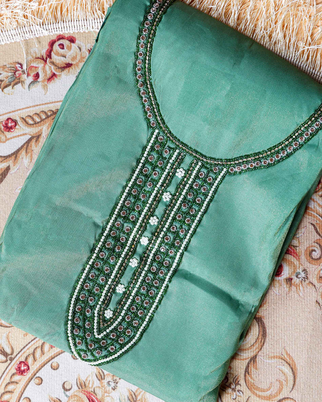 Women's Unstitched Salwar Material with Sequined Embroidery and Complementary Dupatta - Green