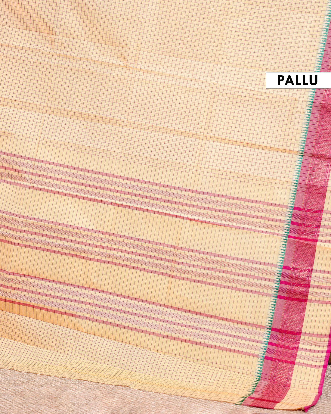 Chettinad Cotton Saree with Checked Weave and Contrast Temple Border - Yellow