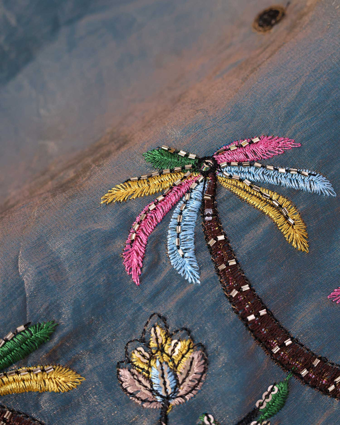 Elegant Women’s Embroidered 1 Meter Blouse Material with Traditional Motif and Floral Thread Work - Greyish Blue