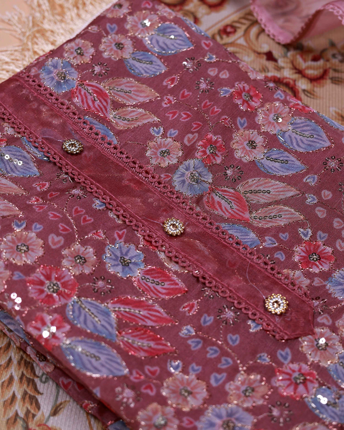 Women's Floral Embroidered Salwar Suit Material with Beaded Neckline and Net Dupatta - Purple