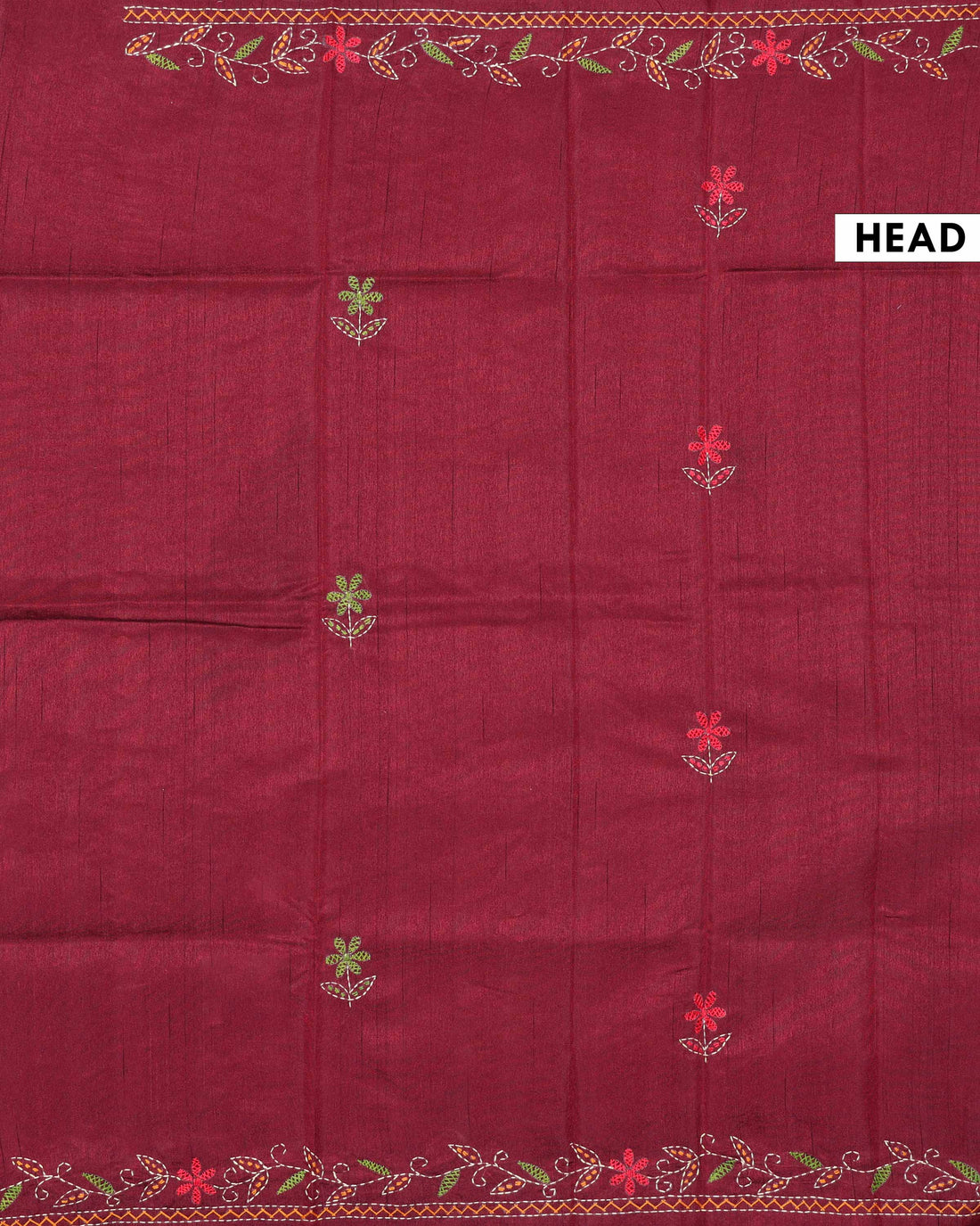 Elegant Hand Embroidered Kantha Work Tussar Saree with Detailed Floral Motifs - Maroon