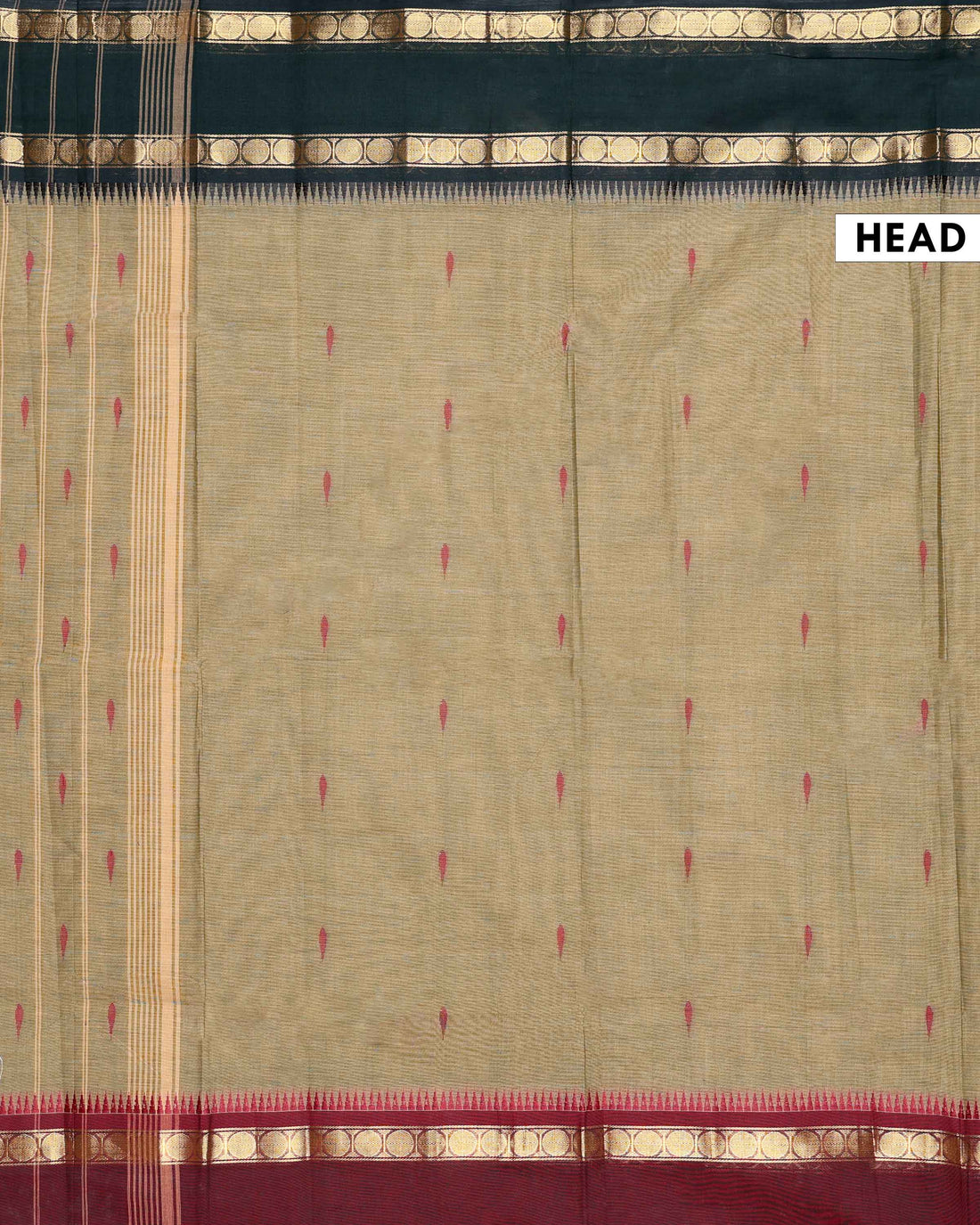 Traditional Handloom Chettinad Cotton Saree with Zari Woven Temple Border - Olive Green