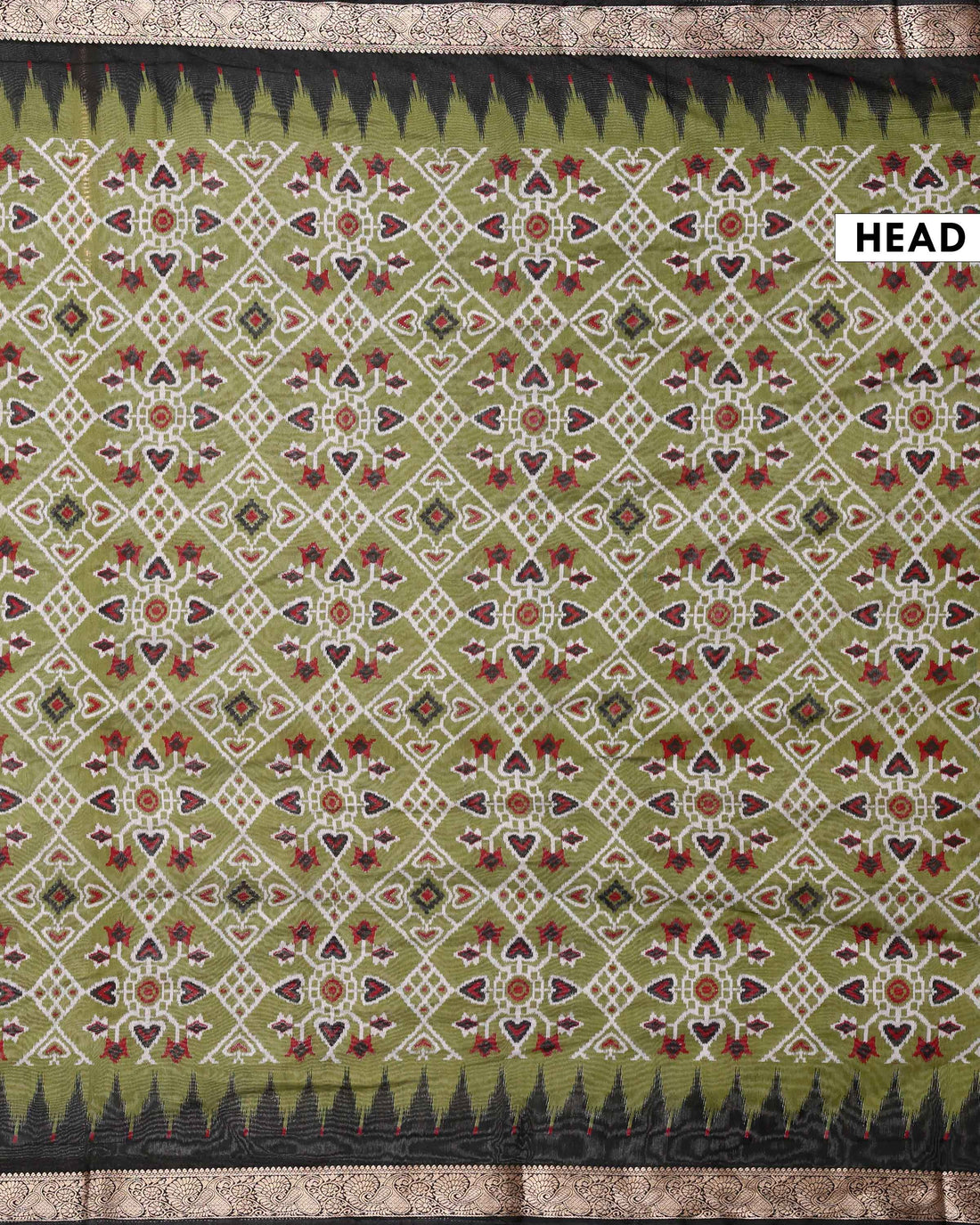 Elegant Semi Chanderi Saree with Intricate Geometric & Ikkat Inspired Motifs and Traditional Zari Border- Olive Green