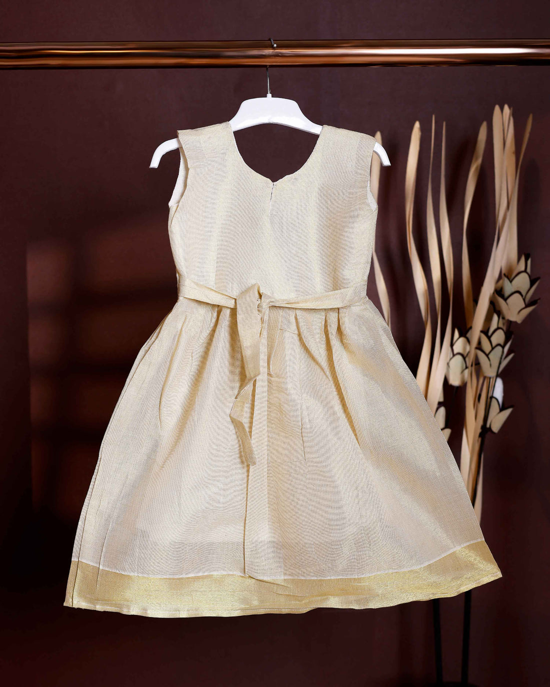 Cotton Sleeveless Kerala Style Girls Frock with Peacock Feather Embroidery - Cream
