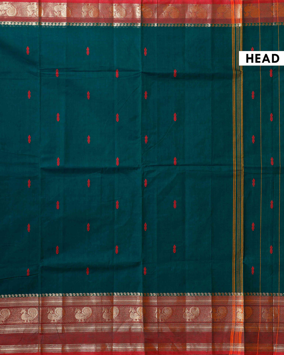 Handloom Chettinad Cotton Saree with Butta Weaves, Zari Peacock Motif Border and Contrast Pallu - Dark Green