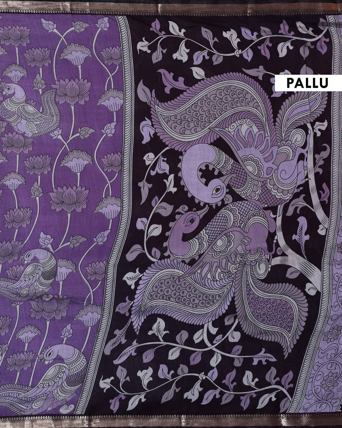 Elegant Semi Chanderi Saree with Traditional Kalamkari Handcrafted Motifs and Intricate Zari Border -  Purple