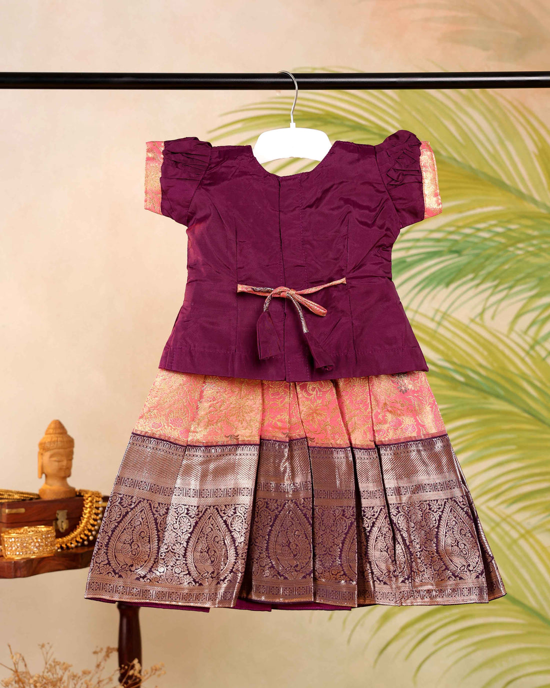 Traditional Kids Pattu Pavadai Readymade a Traditional Ethnic Gown with Zari Border & Puff Sleeves  - Burgundy