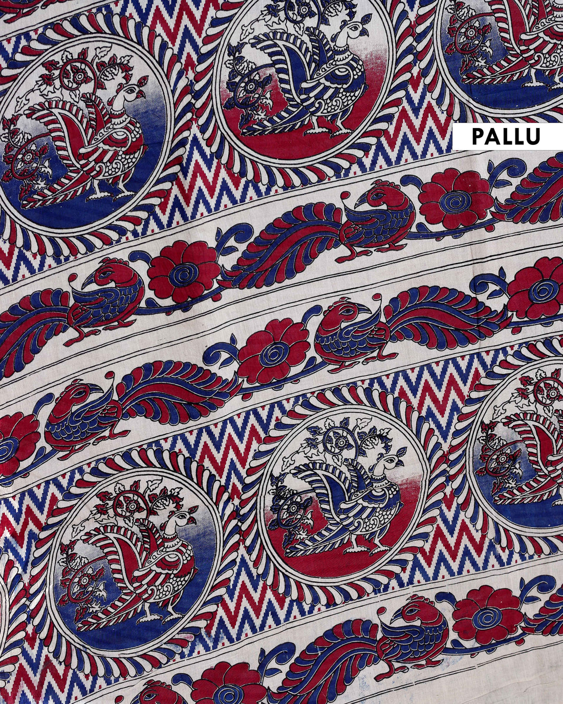 Traditional Handloom Kalamkari Cotton Saree with Intricate Floral and Avian Motifs - Navy Blue