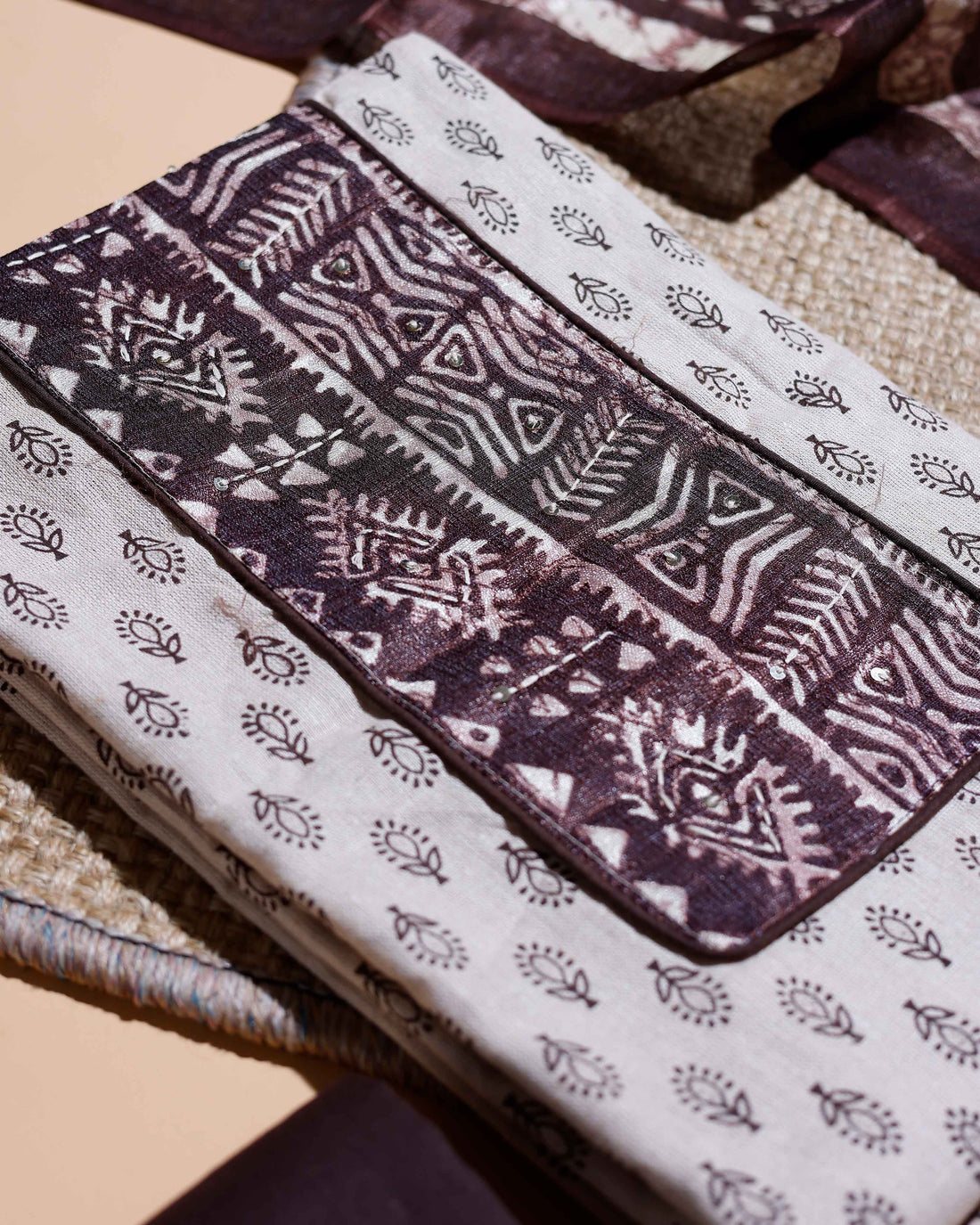 Women's Handblock Printed Cotton Salwar Material with Plain Bottom and Coordinated Dupatta - Cream