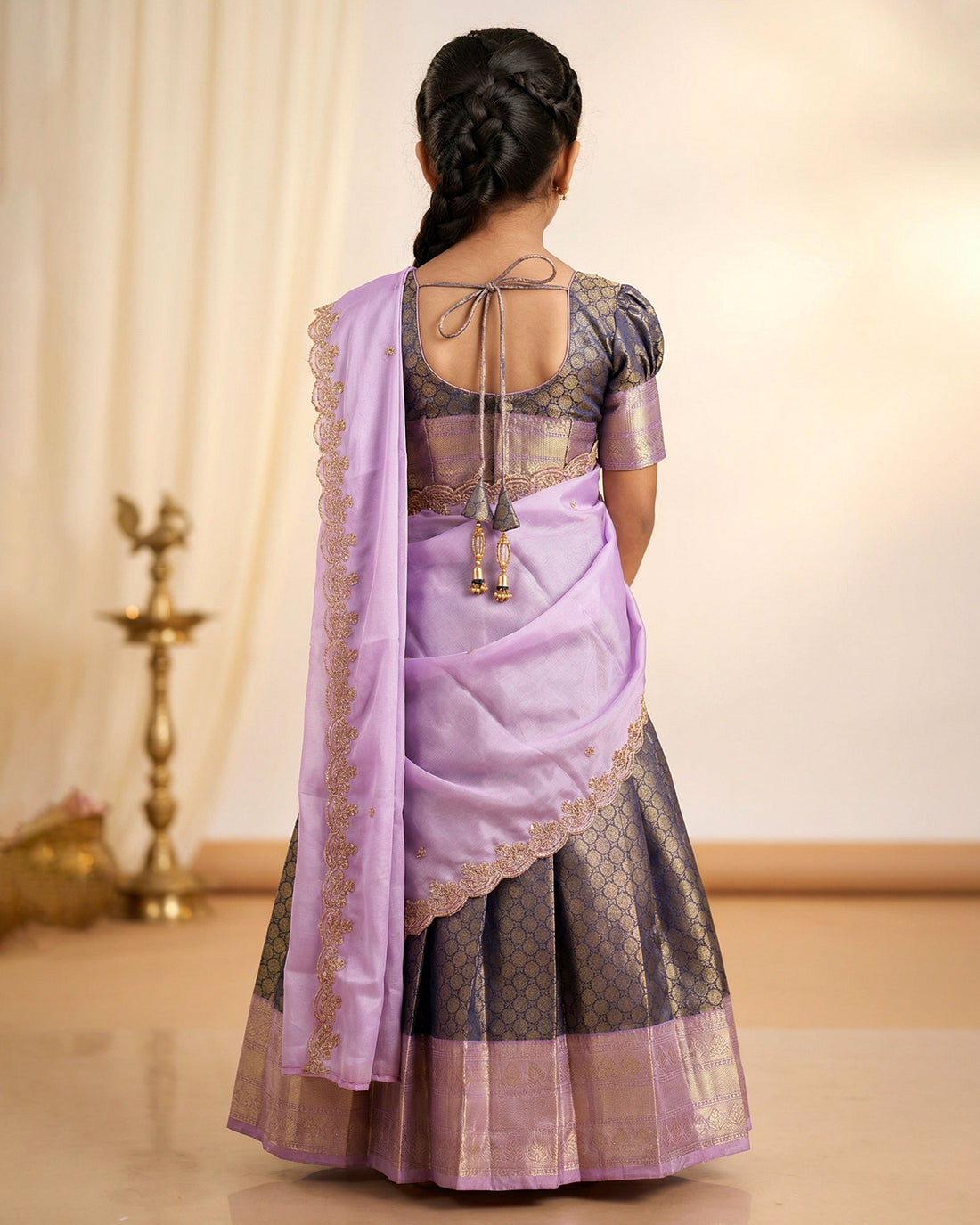 Elegant Girls Dhavani Set with Intricate Zari Weave Skirt and Ornate Border Dupatta - Purple and Lavender
