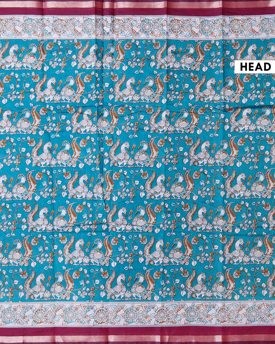 Elegant Semi Chanderi Saree with Kalamkari Inspired Motifs and A Plain Gold Woven Border - Blue