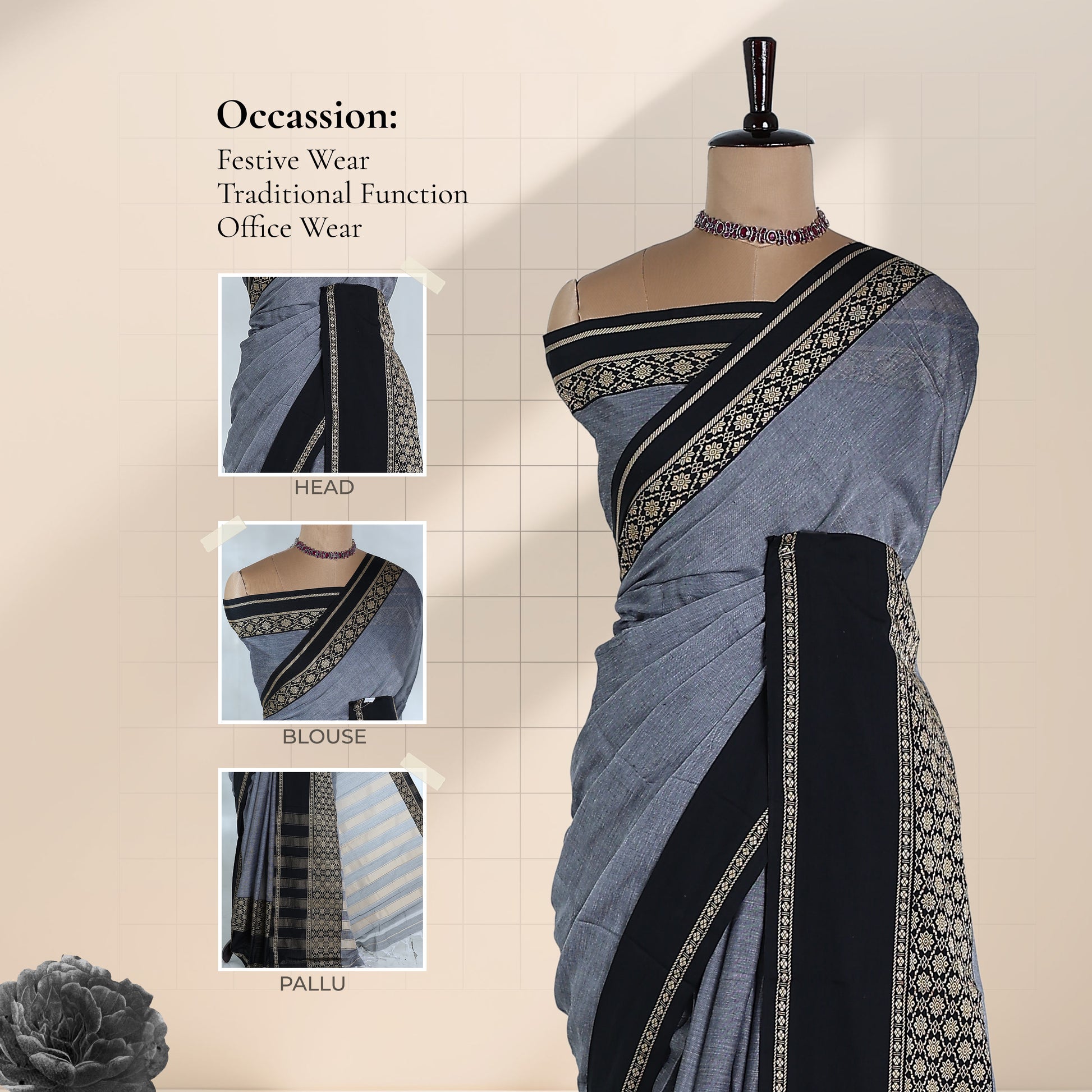 Mangalagiri Cotton Saree With Black Zari Border Designer Pallu And Running Blouse Piece For Festive And Office Wear