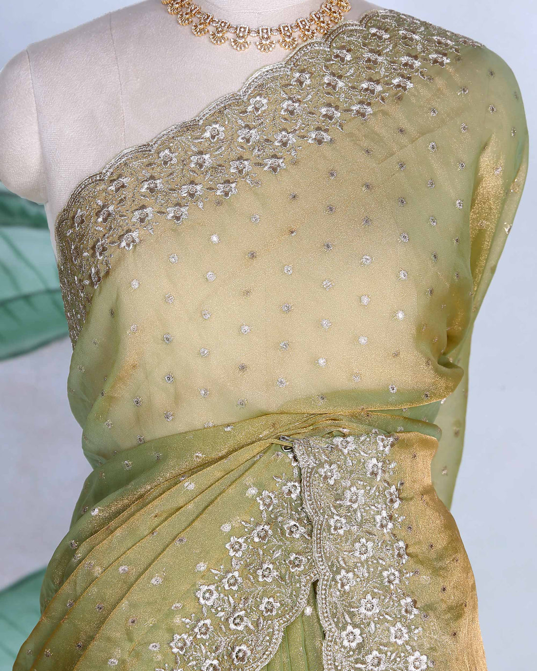 Elegant Sequins & Thread Embroidered Fancy Saree with Intricate Floral Border and Graceful Pallu - Olive Green