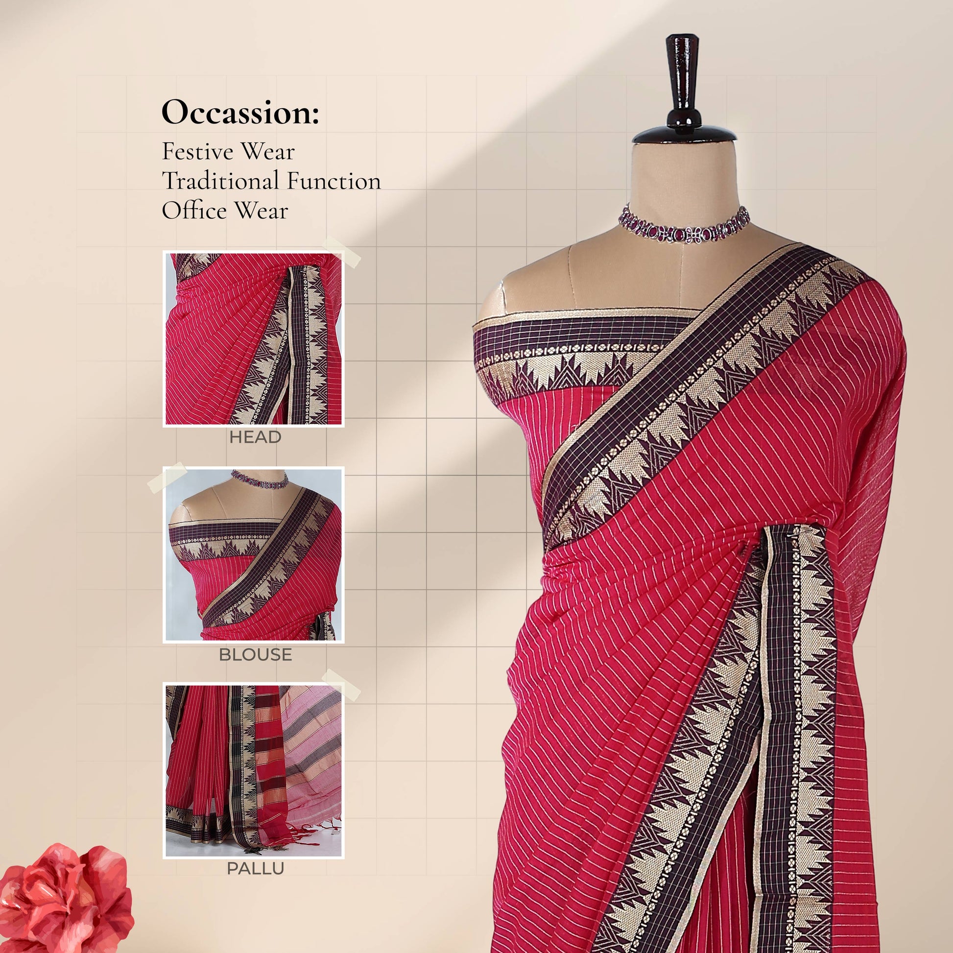 Light Red Mangalagiri Cotton Saree  a Striped Weave Pattern And Traditional Temple Motif Border Suitable For Traditional And Office Wear